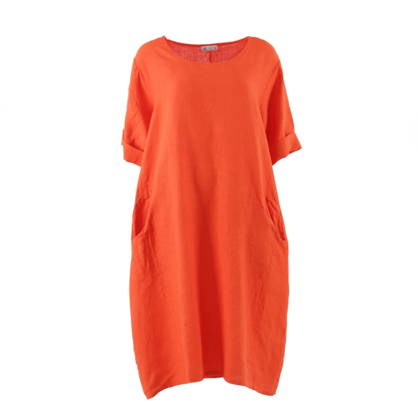 Linane ümmarguste taskutega kleit oranž